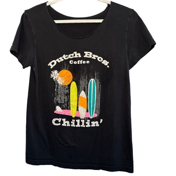 Dutch Bros WOMEN’S Black ‘CHILLIN’ Surfboard SMALL Cutout Neck VINTAGE Cute! ‘92 - Picture 2 of 4